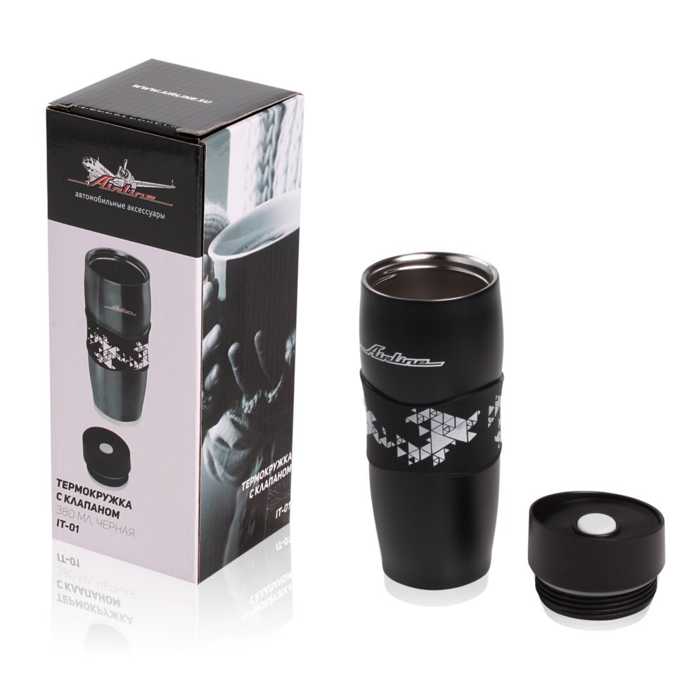 Термокружка c клапаном, 380 мл., черная AIRLINE - распродажа