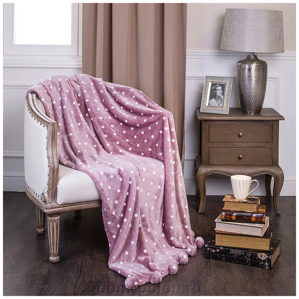 Плед с помпонами щербет-горошек 200*220 см. (кор=12шт.) - выбрать