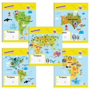 Тетрадь 18 л. юнландия клетка, обложка картон, веселая география, 402996