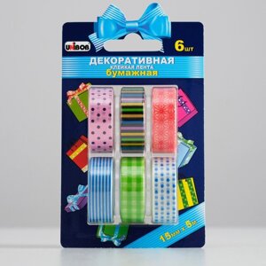 4929587 Клейкая лента декоративная UNIBOB бумажная 15мм х 5м разноцветная 6 шт