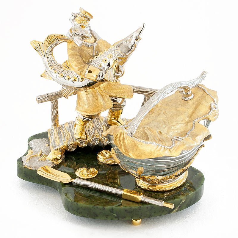 Икорница &quot;Дед с осетром&quot; из нефрита с ложкой - Россия