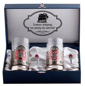 Набор никелированных подстаканников с эмалью Герб Россия+Штурвал Россия 050301028/3